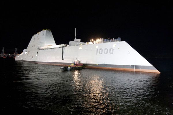 The USS Zumwalt is floated out of dry dock at the Bath Iron Works shipyard in Maine, on October 28, 2013.