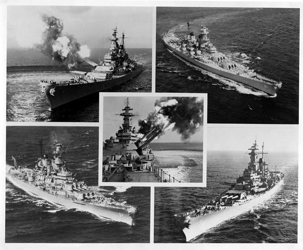 Different snapshots of the USS Iowa and her sisters: The New Jersey (center/lower left), Missouri (upper left), Wisconsin (lower right) and the Iowa (upper right).