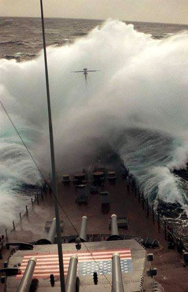 The USS Iowa sails through rough seas in the North Atlantic in this 1987 photo.