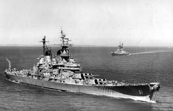 A Korean War-era photo of the USS Iowa and her sister ship USS New Jersey (background) sailing in the Atlantic.
