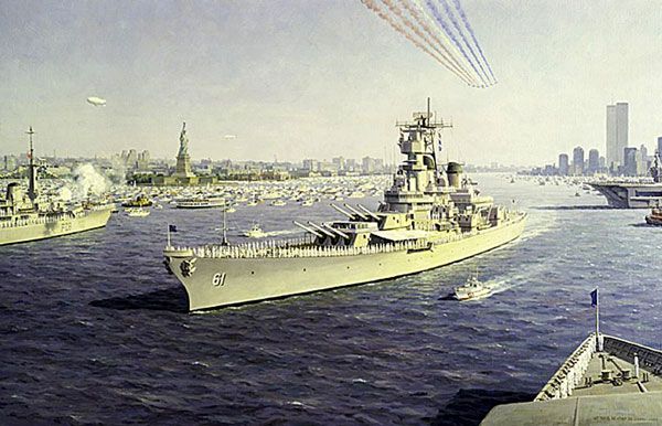 The USS Iowa sails past the island of Manhattan in this archival photo.