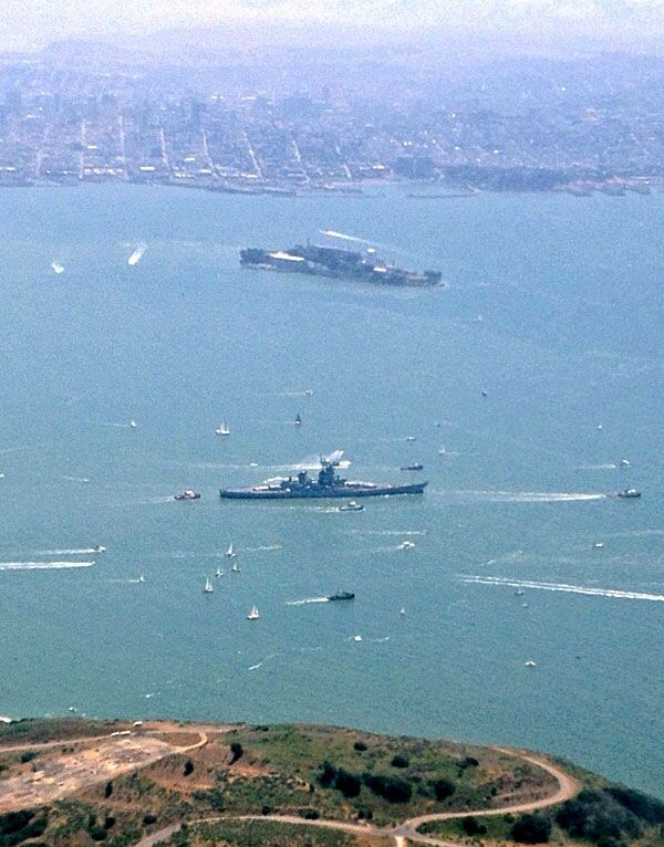 The USS Iowa passes the island of Alcatraz as the battleship embarks on a final trip to SoCal, on May 26, 2012.