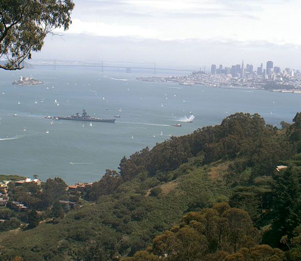 The USS Iowa passes through San Francisco Bay as the battleship embarks on a final trip to SoCal, on May 26, 2012.