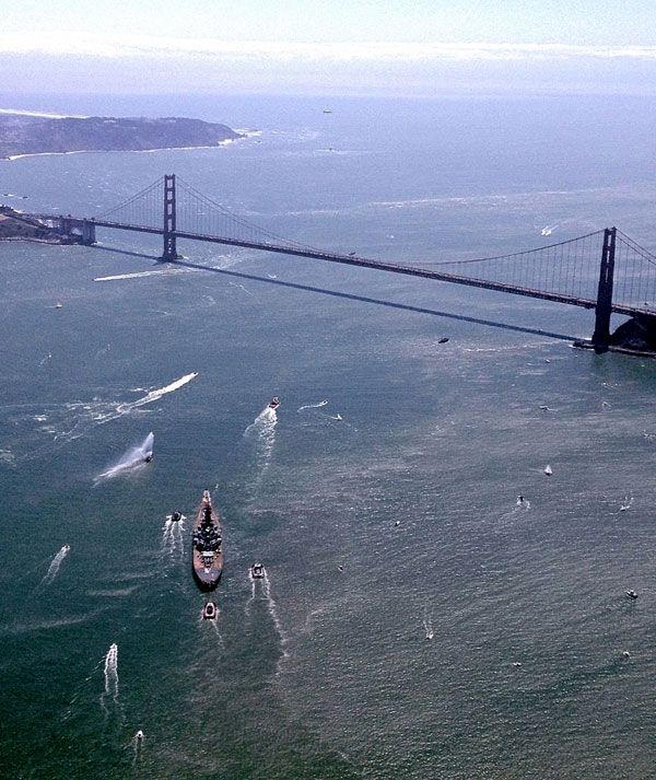 The USS Iowa approaches the Golden Gate Bridge as the battleship embarks on a final trip to SoCal, on May 26, 2012.