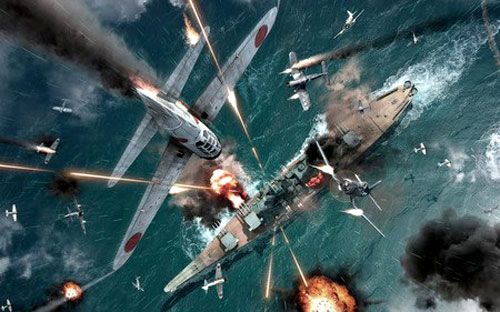 A World War II illustration depicting Japanese and American combat aircraft engaged in fierce dogfights above a USS Iowa-class battleship.