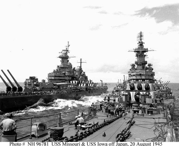 The USS Missouri and USS Iowa head to Japan following that country's surrender at the end of World War II.