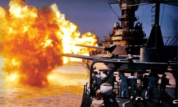 The USS Iowa fires her 16-inch guns during a naval exercise in the 1980s.