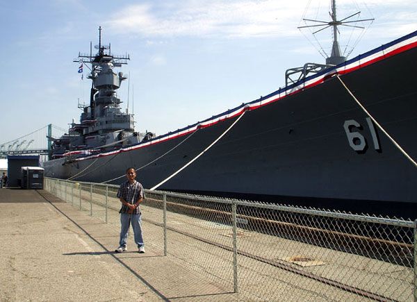 Posing in front of the USS Iowa in San Pedro, California, on August 7, 2012.