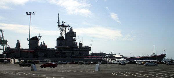 The USS Iowa as seen from the parking lot at Berth 87 in San Pedro, California...on August 7, 2012.