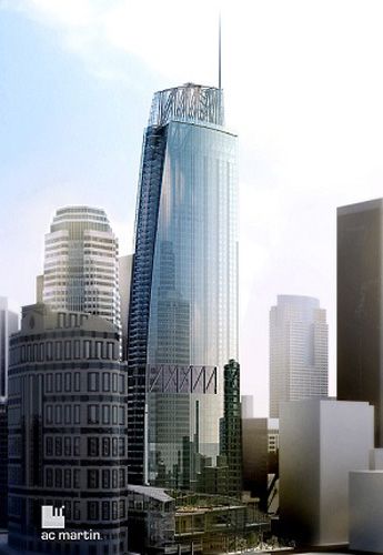 A composite image showing the Wilshire Grand Center in downtown Los Angeles.