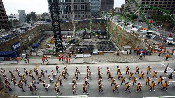 USC's marching band kicks off a Guinness Record-setting concrete pour at the Wilshire Grand Center's construction site in downtown Los Angeles, on February 15, 2014.