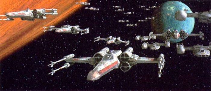 X-Wing starfighters prepare to attack the Death Star in STAR WARS: A NEW HOPE. X-Wing starfighters prepare to attack the Death Star in STAR WARS: A NEW HOPE.