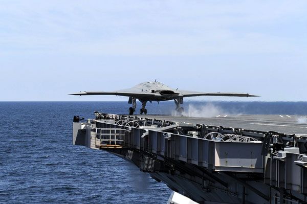 The X-47B UCAV takes off from the flight deck of the USS George H.W. Bush for the first time, on May 14, 2013.