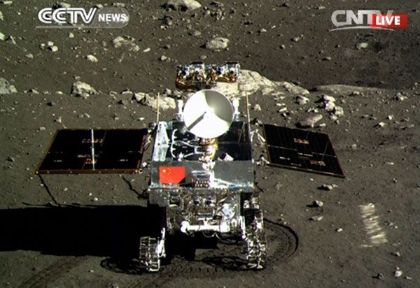 An image of China's Yutu rover that was taken by the country's Chang'e 3 lander after the joint spacecraft touched down on the Moon's surface on December 14, 2013.