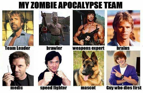 Chuck Norris, Rambo, MacGyver, Dr. House and Jackie Chan...with Justin Bieber as zombie bait. This is indeed the perfect Zombie Apocalypse Team...
