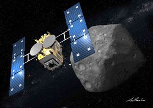 An artist's concept of Japan's Hayabusa 2 spacecraft exploring an asteroid.