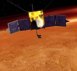 An artist's concept depicting NASA's MAVEN spacecraft studying Mars' atmosphere.