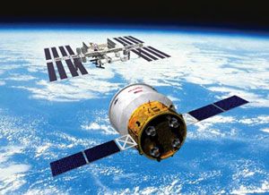 An art concept of the CYGNUS spacecraft approaching the International Space Station.