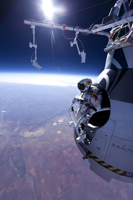 Austrian BASE jumper Felix Baumgartner is about to skydive from an altitude of 71,581 feet on March 15, 2012.