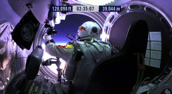 Inside the Red Bull Stratos space capsule, Austrian BASE jumper Felix Baumgartner prepares for his historic 'spacedive' on October 14, 2012.