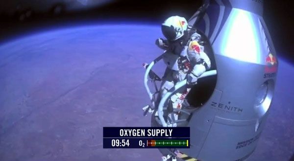 Austrian BASE jumper Felix Baumgartner is about to spacedive from an altitude of 128,100 feet on October 14, 2012.