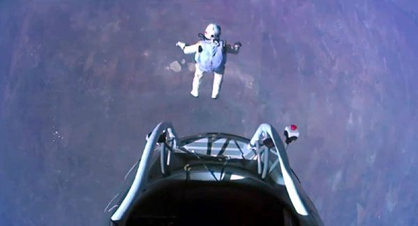 Austrian BASE jumper Felix Baumgartner leaps from the Red Bull Stratos space capsule to begin his 4-minute, 20-second freefall on October 14, 2012.