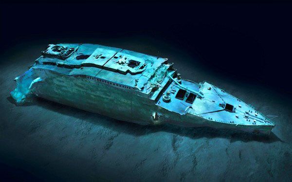 A computer-generated image showing Titanic's bow sitting crumpled on the Atlantic seafloor.