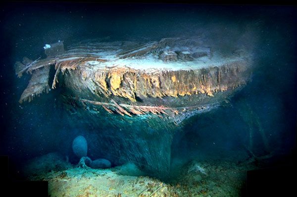A glimpse of Titanic's stern...which is slowly being devoured by iron-eating bacteria on the Atlantic seafloor.