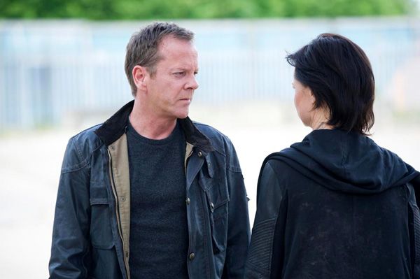 Jack Bauer and Chloe O'Brian (Mary Lynn Rajskub) bid farewell to each other, prior to Jack boarding a Russian helicopter and heading to an uncertain fate in the 24: LIVE ANOTHER DAY finale.