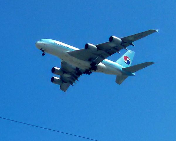 An Airbus A380 belonging to Korean Air flies over the city of Inglewood in California...on May 21, 2016.