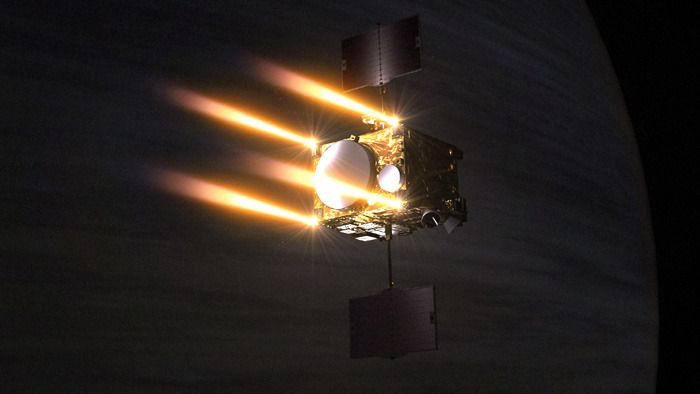 An artist's concept of the Akatsuki spacecraft firing its thrusters as it enters orbit around Venus.