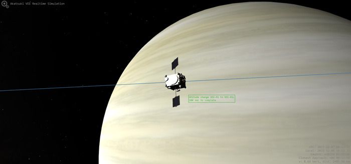 A screenshot from a simulation depicting the Akatsuki spacecraft entering orbit around Venus.
