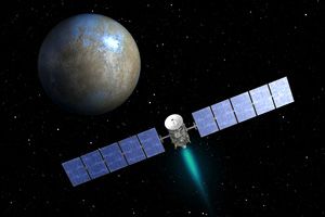 An artist's concept of NASA's Dawn spacecraft approaching the dwarf planet Ceres.