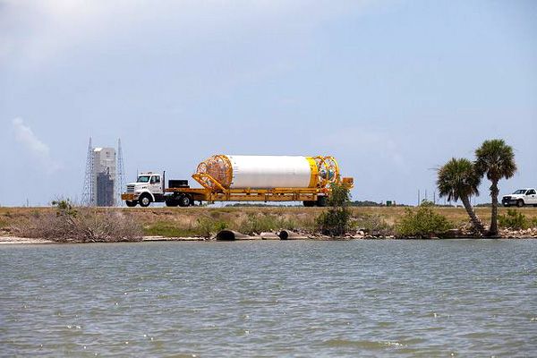 The Centaur second stage motor that will give OSIRIS-REx its final boost towards asteroid Bennu is transported to Space Launch Complex (SLC)-41 at Cape Canaveral Air Force Station in Florida.