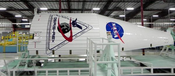The Atlas V payload fairing that will enshroud the OSIRIS-REx spacecraft during launch is in storage inside the Payload Hazardous Servicing Facility at NASA's Kennedy Space Center in Florida.