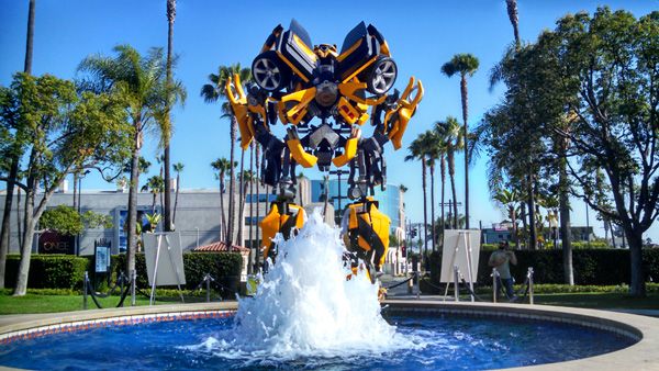 The full-scale Bumblebee prop (from the 2007 TRANSFORMERS movie) on display at Paramount Pictures in Hollywood, on June 30, 2014. Raleigh Studios is in the background.