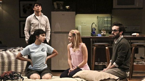 As Jonah Haber (Raviv Ullman) and his brother Liam (Ari Brand) look on, Daphna Feygenbaum (Molly Ephraim) has a deceptively calm conversation with Liam's girlfriend Melody (Lili Fuller) in BAD JEWS.