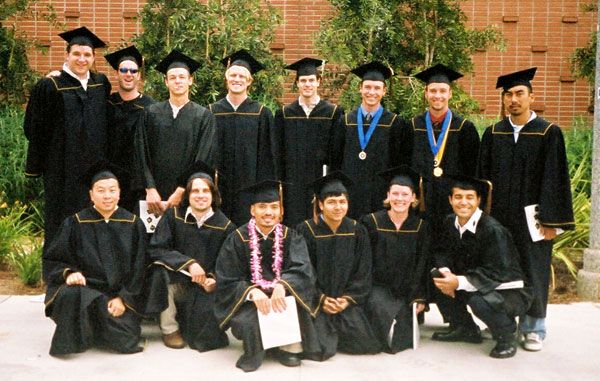 My classmates and I (with the purple lei) pose for a group photo after our graduation ceremony at Cal State Long Beach, on May 28, 2004.