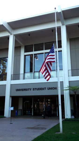 The U.S. flag outside CSULB's University Student Union is flown at half-staff in honor of the victims of the Paris terrorist attacks...on November 15, 2015.