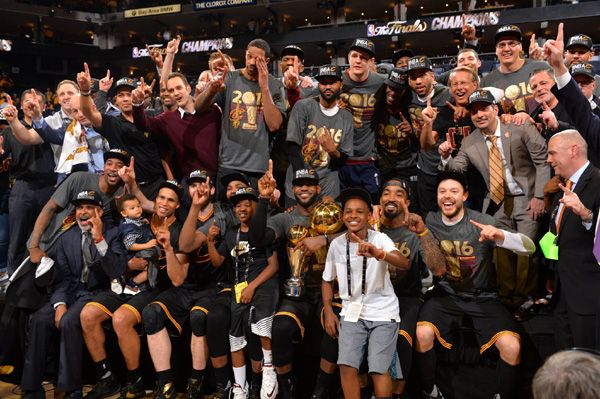 The Cleveland Cavaliers pose for a team photo after defeating the Golden State Warriors, 93-89, in Game 7 to win the NBA Finals...on June 19, 2016.