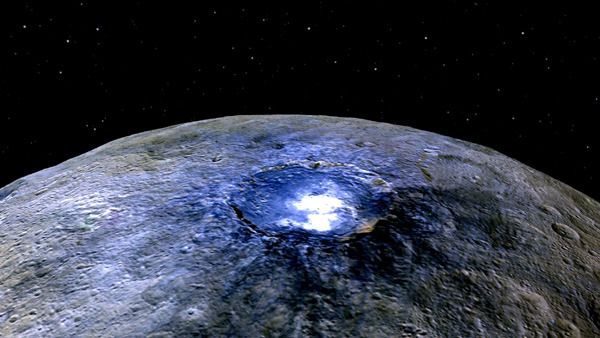 A false-color image taken by NASA's Dawn spacecraft of the Occator crater on dwarf planet Ceres.