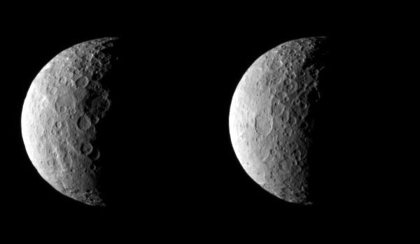 Two images of the dwarf planet Ceres that were taken by NASA's Dawn spacecraft from a distance of about 25,000 miles (40,000 kilometers), on February 25, 2015.