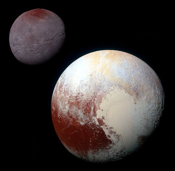A high-resolution, enhanced-color composite image of Pluto and Charon that was taken by NASA's New Horizons spacecraft on July 14, 2015.