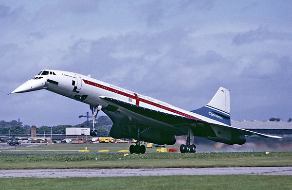 The now-retired Concorde is about to land at England's Farnborough Airport in September of 1974.