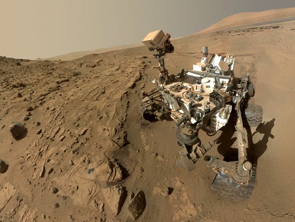 A self-portrait of NASA's Curiosity Mars rover, taken with a camera on her robotic arm in late April and early May of 2014.