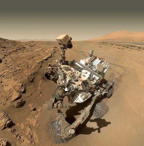 A self-portrait of NASA's Curiosity Mars rover, taken with a camera on her robotic arm in late April of 2014.