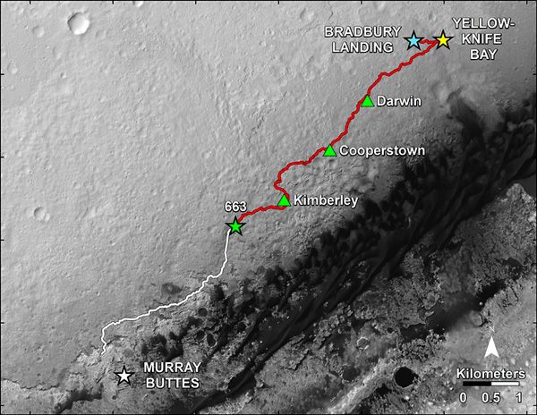 Curiosity's completed route (marked in red) at Gale Crater on Mars...as of June 24, 2014.