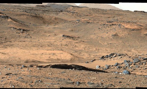 An image taken by NASA's Curiosity Mars rover which shows the 'Amargosa Valley,' on the slopes leading up to Mount Sharp on the Red Planet.