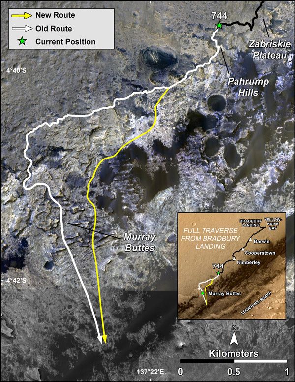 This image (which uses data acquired by NASA's Mar Reconnaissance Orbiter) shows the old and new routes of the Curiosity Mars rover to the base of Mount Sharp.