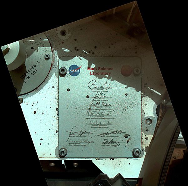 A plaque on the Curiosity Mars rover that features the signatures of President Barack Obama, Vice President Joe Biden and other U.S. public officials...as seen by MAHLI on September 19, 2012.